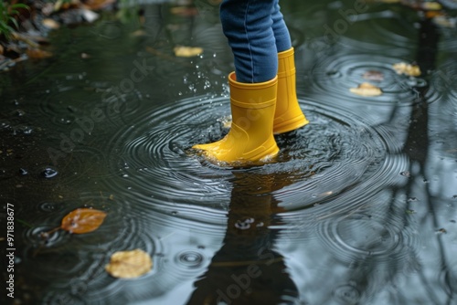 A child in yellow rubber boots splashes in puddles on a rainy day. The scene is playful and light-hearted as a child enjoys the wet weather photo