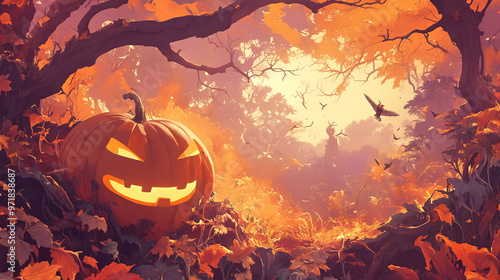 Halloween pumpkin in an autumn forest, glowing face. Halloween background