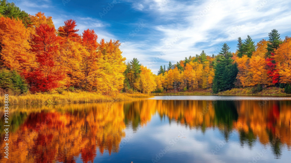 A vibrant autumn scene with a calm lake reflecting the brilliant colors of fall foliage on the surrounding trees. A vibrant autumn scene with a calm lake reflecting the brilliant colors of fall foliage on the surrounding trees.