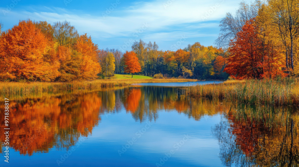 A vibrant autumn scene with a calm lake reflecting the brilliant colors of fall foliage on the surrounding trees. A vibrant autumn scene with a calm lake reflecting the brilliant colors of fall foliage on the surrounding trees.