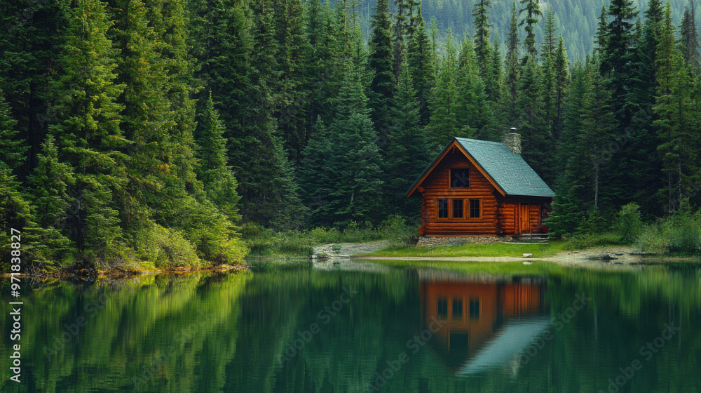 A serene lakeside cabin nestled among pine trees, with the still water mirroring the peaceful scene. A serene lakeside cabin nestled among pine trees, with the still water mirroring the peaceful scene.