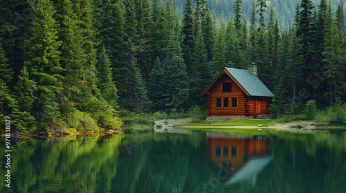 A serene lakeside cabin nestled among pine trees, with the still water mirroring the peaceful scene.