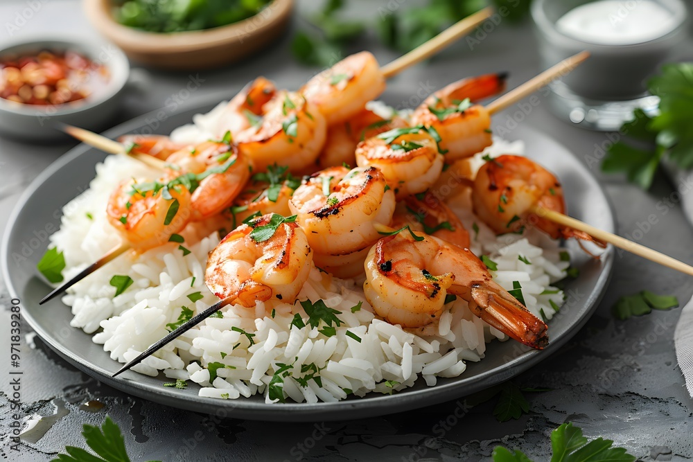 Shrimp skewers with rice.