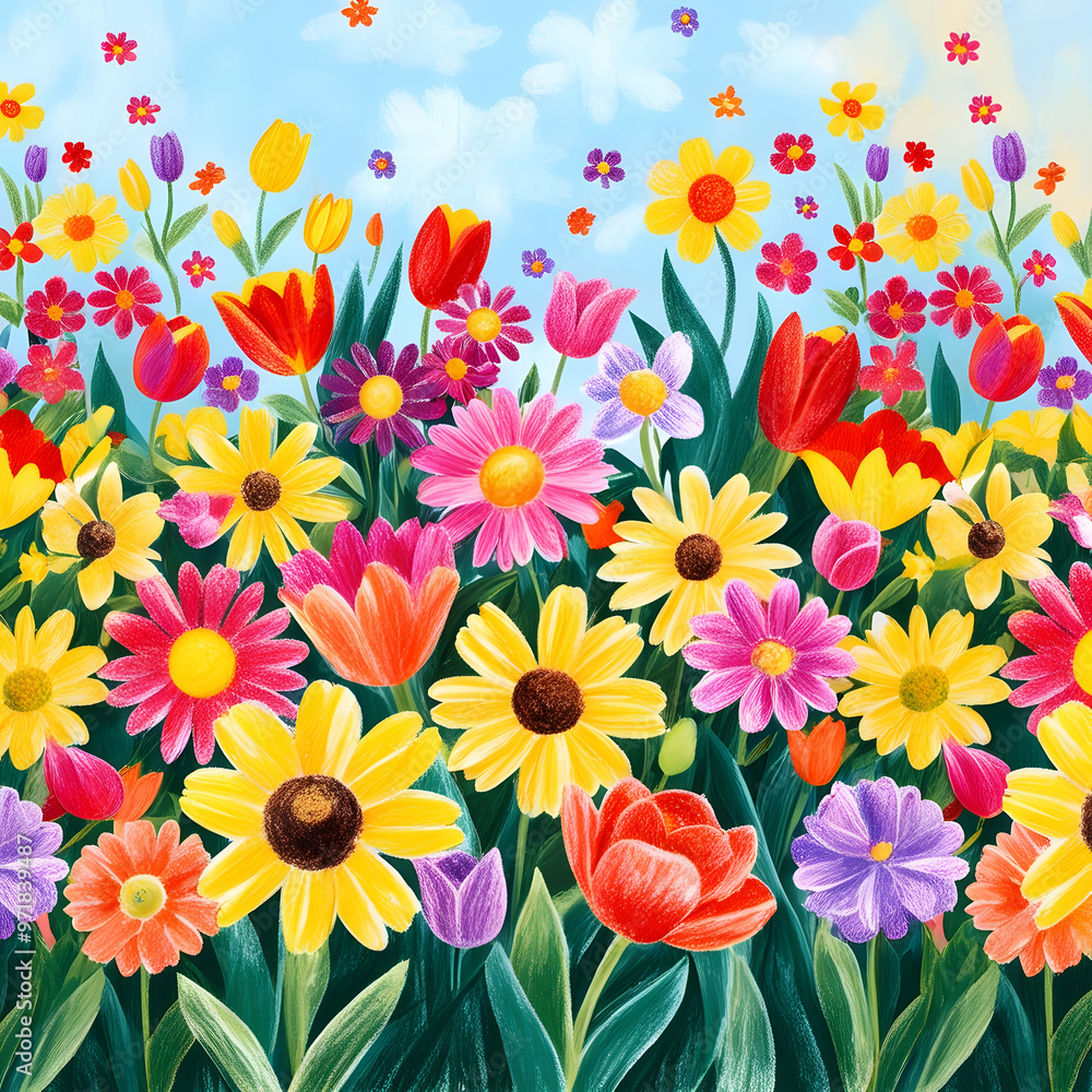 Colorful Crayon Flowers: Background Illustration Colorful Crayon Flowers: Background Illustration