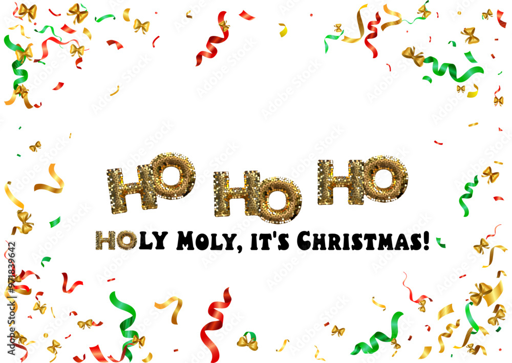Saying ho ho ho text lettering with golden sequins texture. Modern lettering, isolated on the scattered golden bows and confetti background Santa Claus, Christmas, design concept. Slogan or quote. Saying ho ho ho text lettering with golden sequins texture. Modern lettering, isolated on the scattered golden bows and confetti background Santa Claus, Christmas, design concept. Slogan or quote.