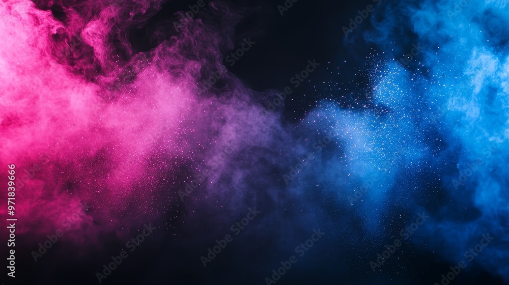 Obraz premium Blue and pink colorful clouds of smoke mixed with shiny glitter powder particles, creating an abstract and vibrant burst effect in a dynamic, ethereal background for creative design projects