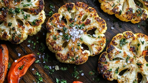 Roasted cauliflower steaks with a sprinkle of sea salt, lemon zest, and tahini drizzle, served on a rustic wooden table, roasted vegetables, plantbased meal photo