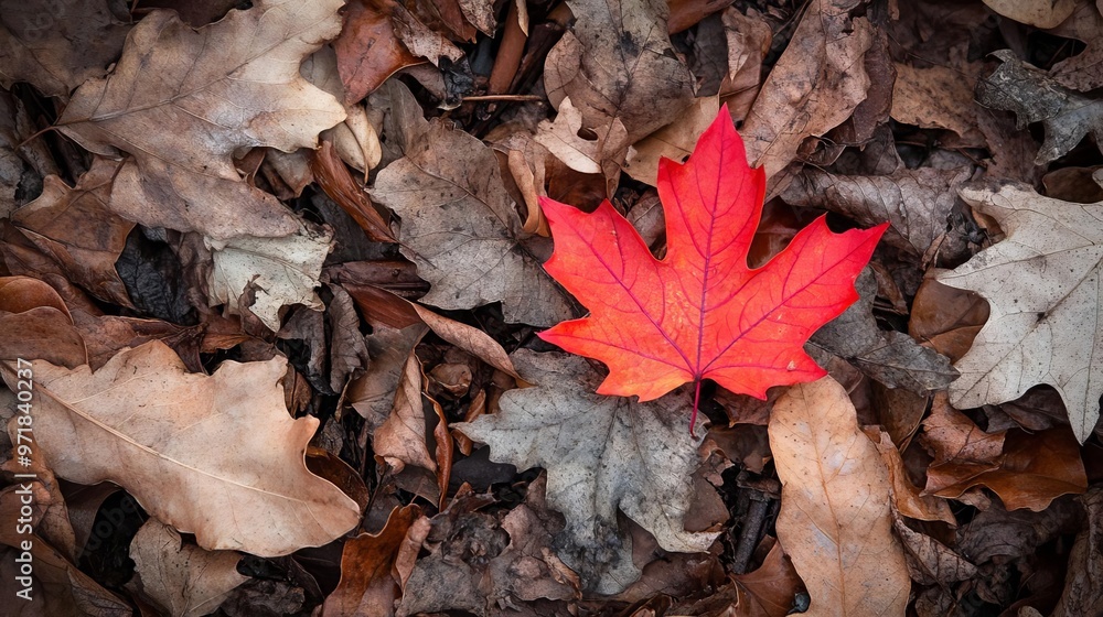A single, vibrant red leaf standing out against the dull browns and greys of a November forest floor, November contrast, seasonal color A single, vibrant red leaf standing out against the dull browns and greys of a November forest floor, November contrast, seasonal color