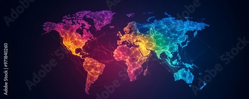 A world map made of vibrant, multicolored abstract shapes representing interconnected global networks, global communication, abstract representation photo