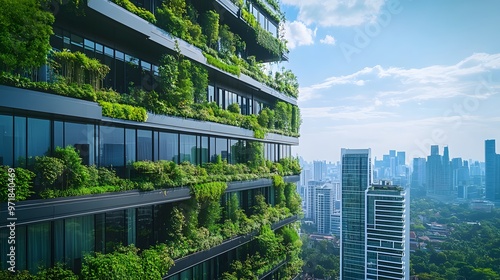 Green Facade Building With Cityscape in the Background