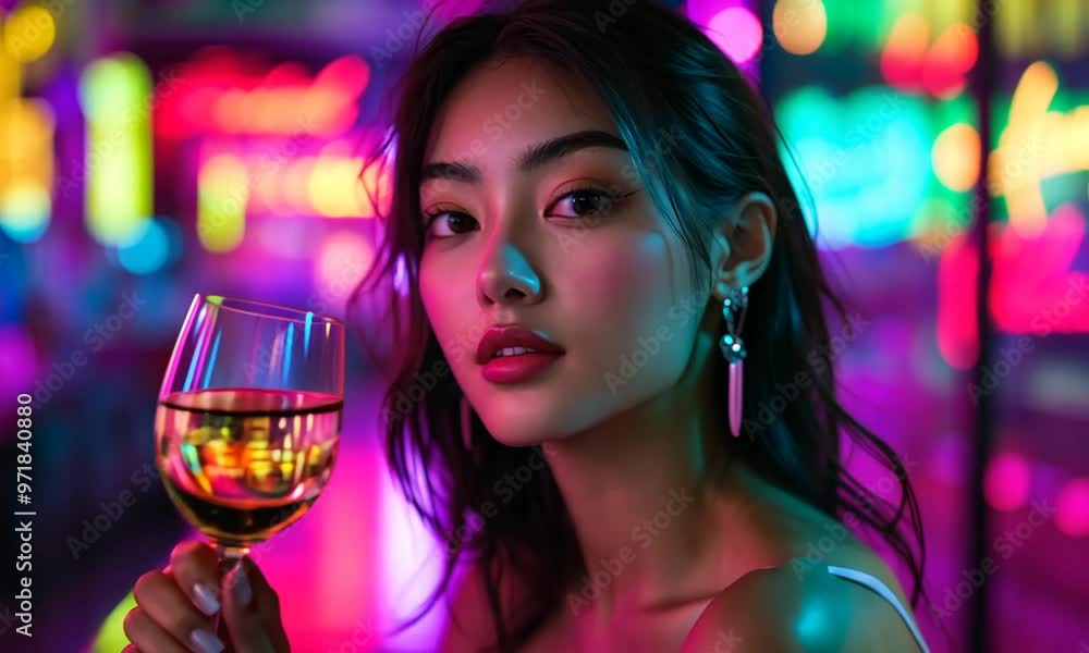 Woman with wine glass in neon bar with ai generated.
Woman with wine glass in neon bar with ai generated.