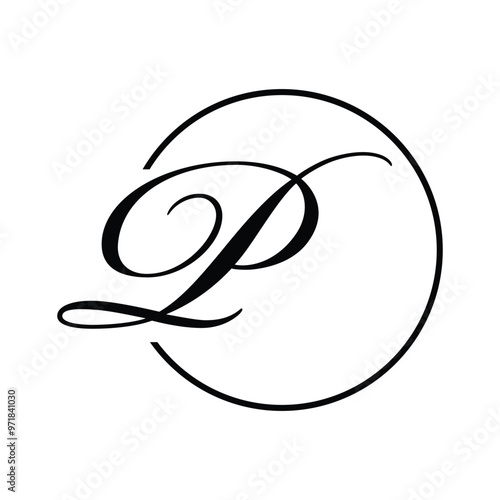 A simple logo of initial letter P in Latin handwriting serif style on a black circle that looks elegant and beautiful