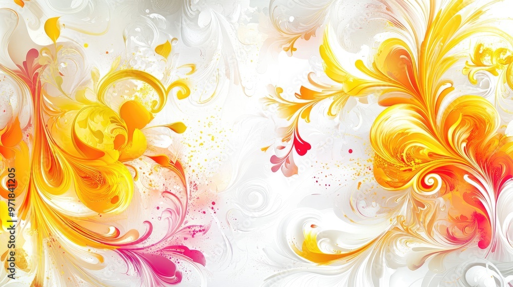 Lively abstract design with swirling floral patterns in shades of yellow, orange, and pink, filled with intricate details on a white backdrop Lively abstract design with swirling floral patterns in shades of yellow, orange, and pink, filled with intricate details on a white backdrop