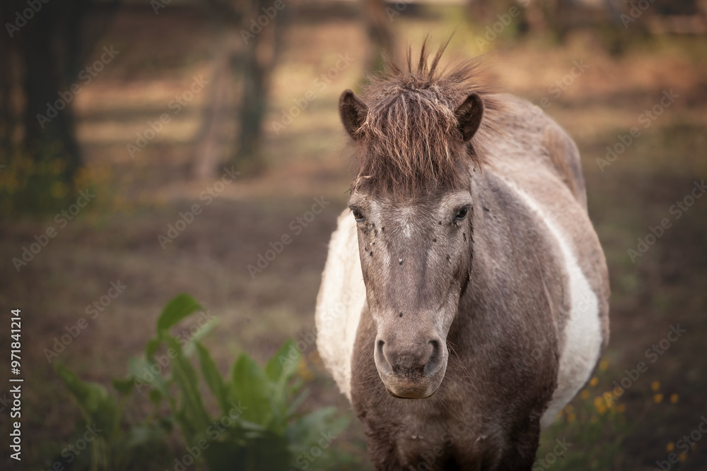 Obraz premium A brown poney stands in a field in Serbia, surrounded by a natural rural landscape. The animal gazes directly at the camera, symbolizing rural life and the connection between nature and farm animals.