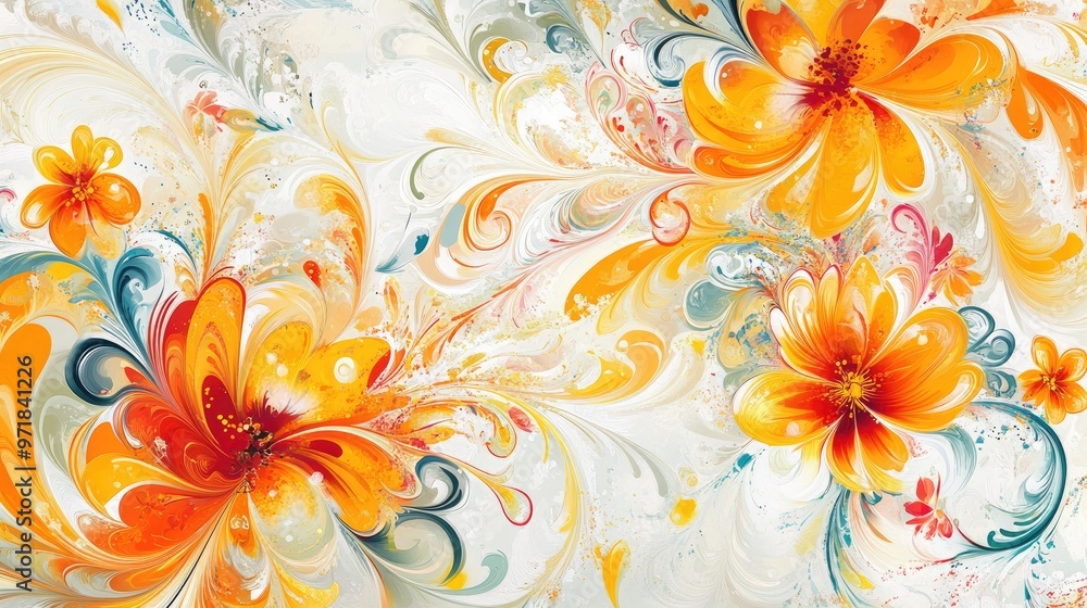 Lively abstract design with swirling floral patterns in shades of yellow, orange, and pink, filled with intricate details on a white backdrop Lively abstract design with swirling floral patterns in shades of yellow, orange, and pink, filled with intricate details on a white backdrop