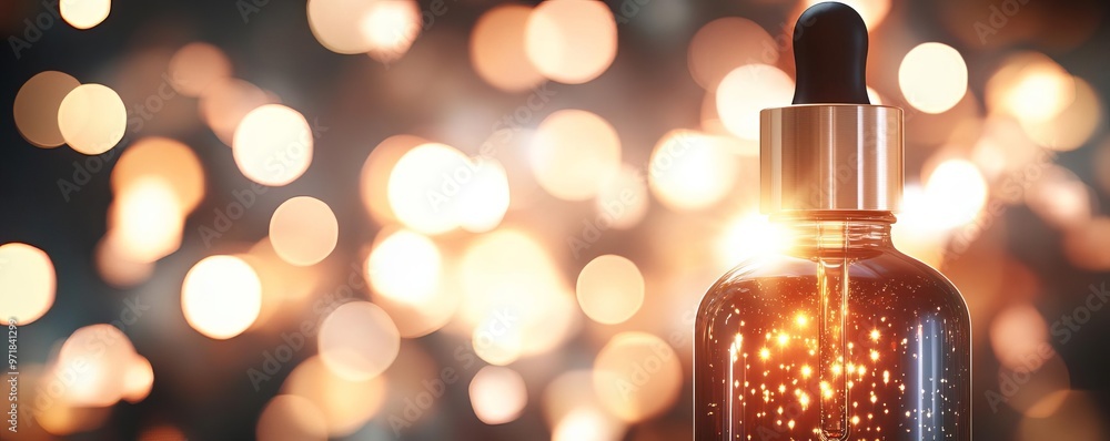 A highend serum bottle with a delicate sparkle effect in the background, copy space on the left A highend serum bottle with a delicate sparkle effect in the background, copy space on the left