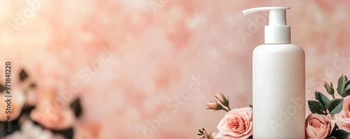 Skincare bottle with a pump against a blurred floral background, copy space to the left