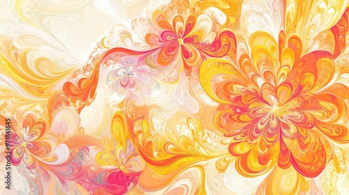 Swirling floral patterns in shades of yellow, orange, and pink, with intricate abstract details on a vibrant white background