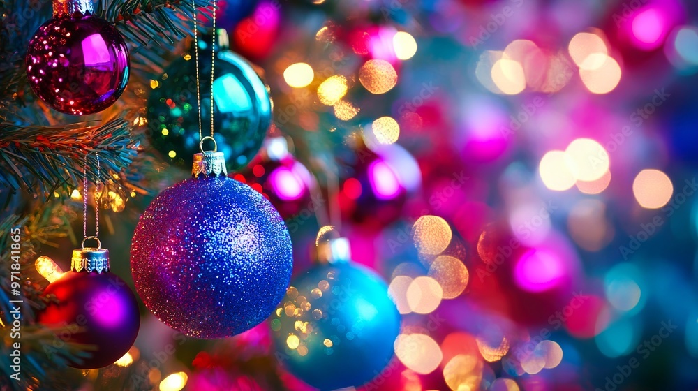 Fototapeta premium Colorful Christmas ornaments hanging on a festive tree with a vibrant bokeh background.