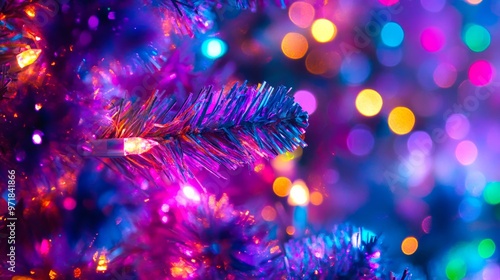 Wallpaper Mural Close-up of a vibrant and colorful illuminated Christmas tree branch with defocused lights in the background. Torontodigital.ca