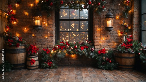 Christmas Decor with Brick Wall and Wood Floor photo