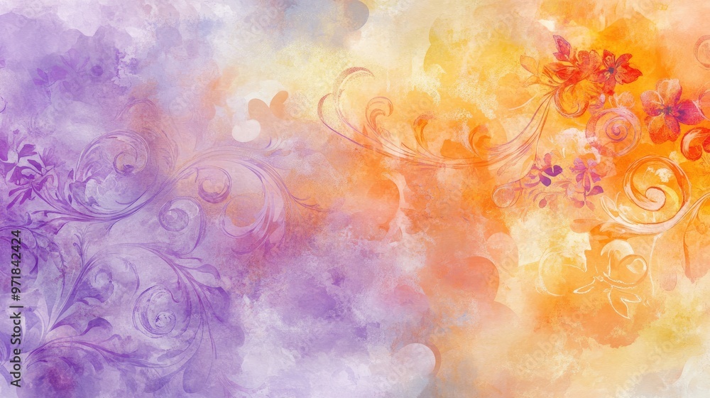 Whimsical swirling floral design in shades of light purple, orange, and yellow, featuring intricate details and soft watercolor textures for a dreamy effect Whimsical swirling floral design in shades of light purple, orange, and yellow, featuring intricate details and soft watercolor textures for a dreamy effect
