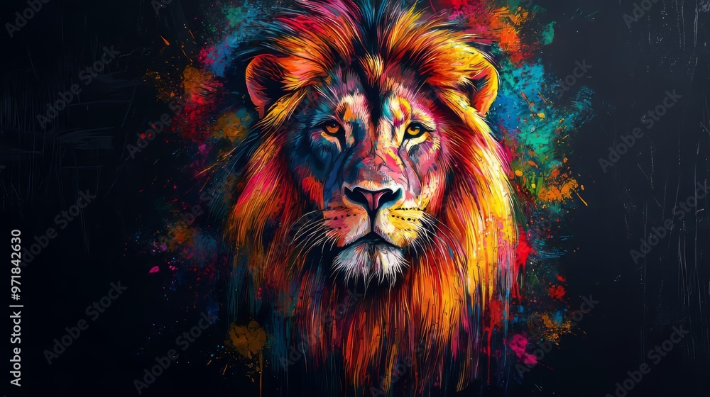Fototapeta premium Vibrant artistic illustration of a lion's face with colorful abstract paint splashes