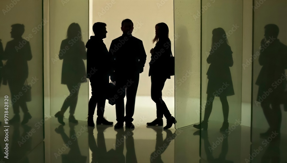 Fototapeta premium People silhouettes between abstract glass pieces.