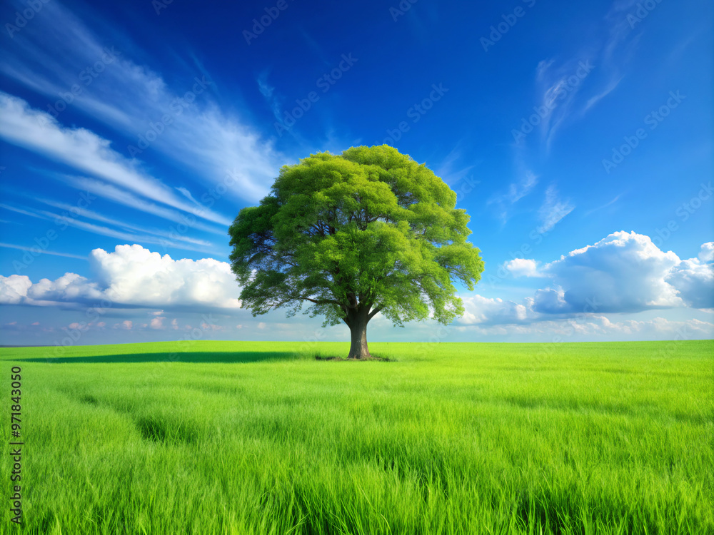 Fototapeta premium tree on a fieldtree, sky, field, grass, landscape, green, nature, meadow, blue, summer, spring, cloud, environment, rural, horizon, countryside, oak, land, clouds, country, sun, natural, beautiful, se