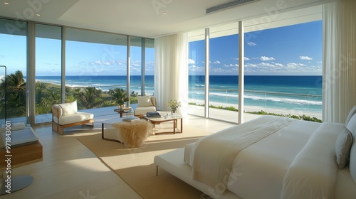 Minimal beachfront room with clean lines soft neutral tones and unobstructed ocean views from floor-to-ceiling windows photo