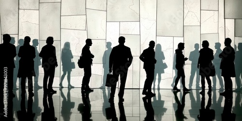 People silhouettes between abstract glass pieces.