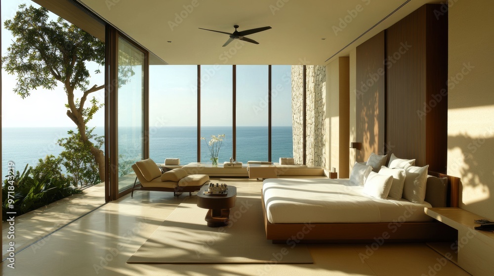 Fototapeta premium Luxurious beachfront room with a minimalist aesthetic natural materials and floor-to-ceiling windows providing uninterrupted ocean views