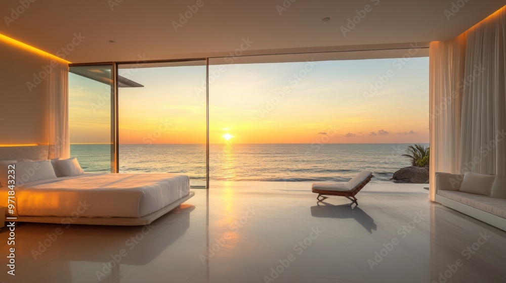 Fototapeta premium Elegant beachfront room with minimalist decor clean white walls and expansive windows showcasing a stunning sunset over the sea