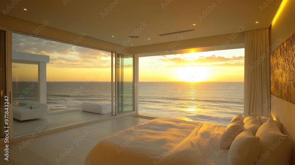 Elegant beachfront room with minimalist decor clean white walls and expansive windows showcasing a stunning sunset over the sea Elegant beachfront room with minimalist decor clean white walls and expansive windows showcasing a stunning sunset over the sea