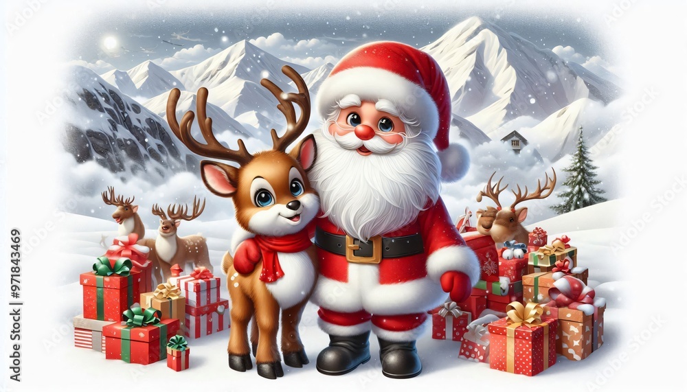 Santa Claus and Reindeer with Christmas Gifts in Snowy Mountains Santa Claus and Reindeer with Christmas Gifts in Snowy Mountains