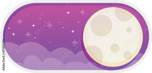Night mode user interface button featuring a full moon and stars on purple sky background
