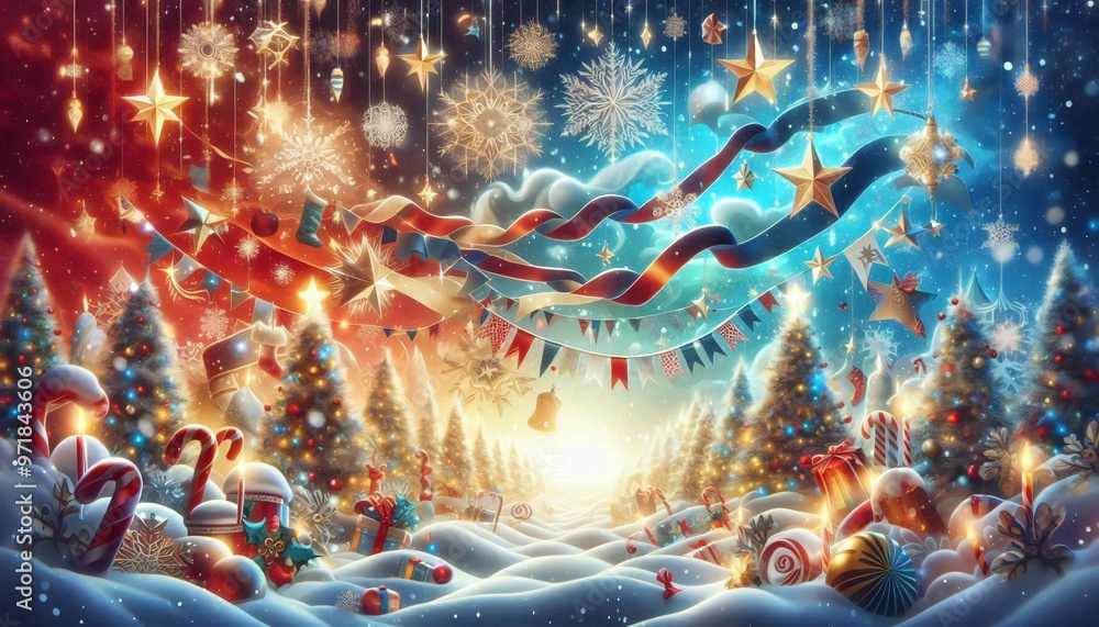 Magical Christmas Wonderland with Snow Stars and Presents Magical Christmas Wonderland with Snow Stars and Presents