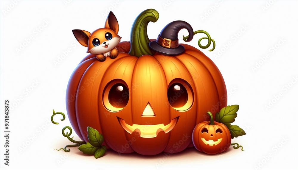 Cute Cartoon Pumpkin with Fox and Witch Hat for Halloween Cute Cartoon Pumpkin with Fox and Witch Hat for Halloween