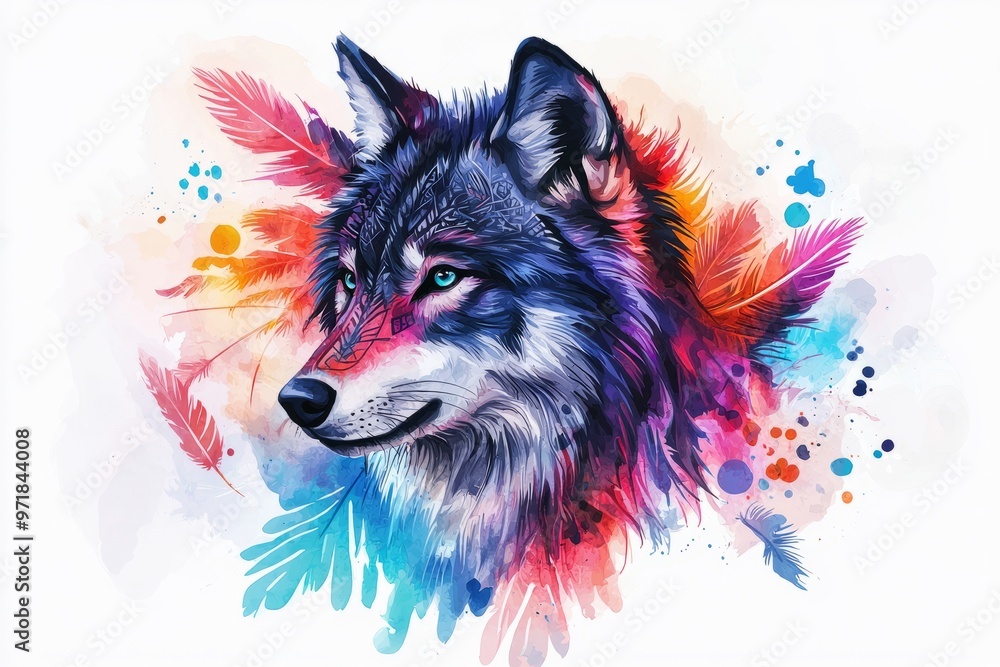 Fototapeta Vibrant artistic illustration of a wolf's head with colorful paint splashes and feathers
