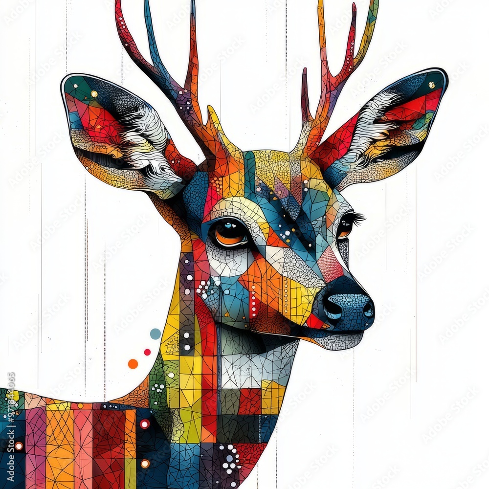 Obraz premium Creative patchwork illustration of a deer with vibrant patterns and bold colors