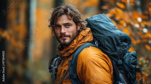 A rugged adventurer in an autumn forest, ready for exploration.