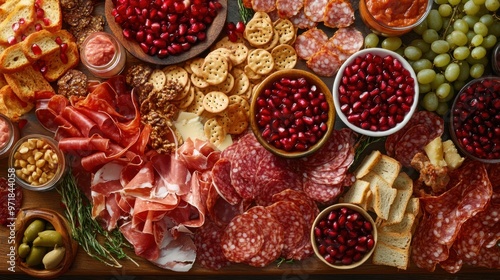 A festive charcuterie board with pomegranate seeds sprinkled around, adding color to a variety of savory snacks.