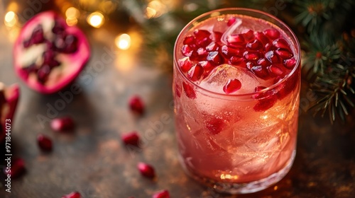 A festive holiday drink garnished with pomegranate seeds, perfect for a winter celebration.