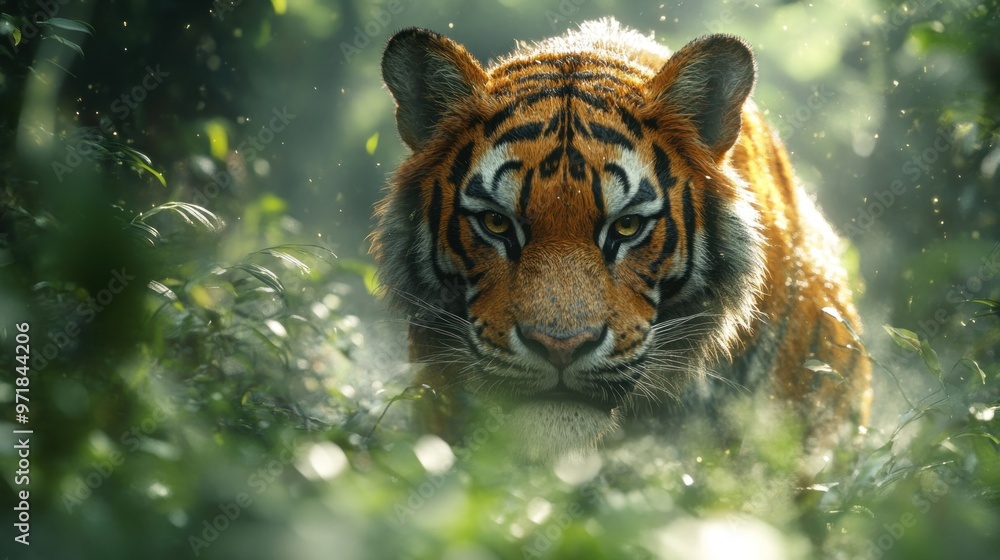 A majestic tiger prowls through a misty forest. A majestic tiger prowls through a misty forest.