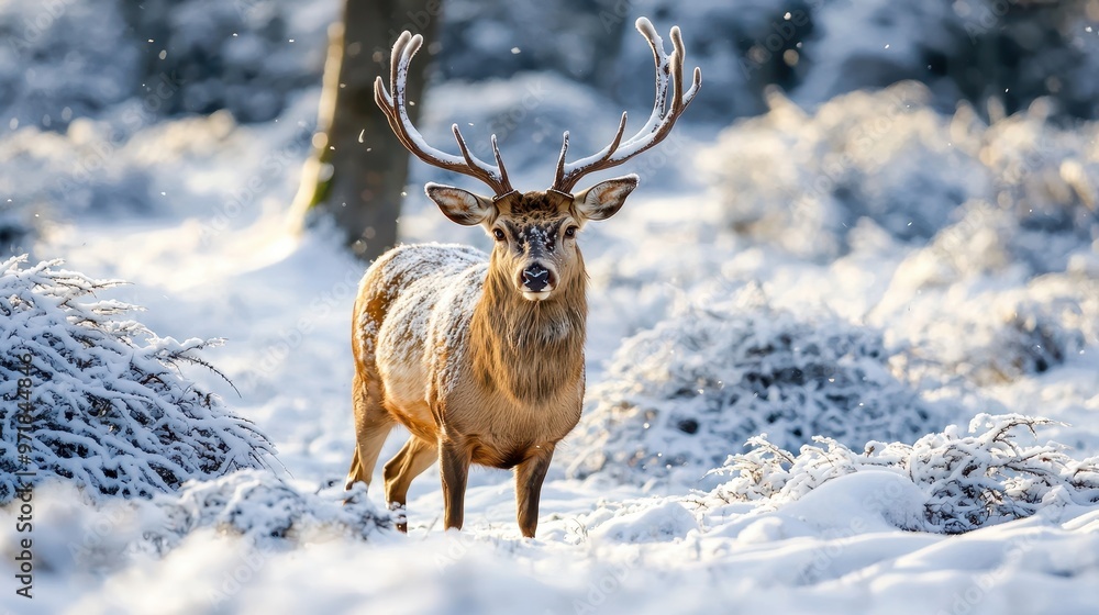 Majestic Red Deer Buck in Snowy Winter Forest Majestic Red Deer Buck in Snowy Winter Forest