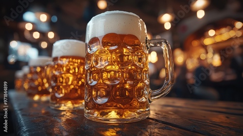 Freshly poured beer in classic glass mugs on a rustic wooden table at a pub