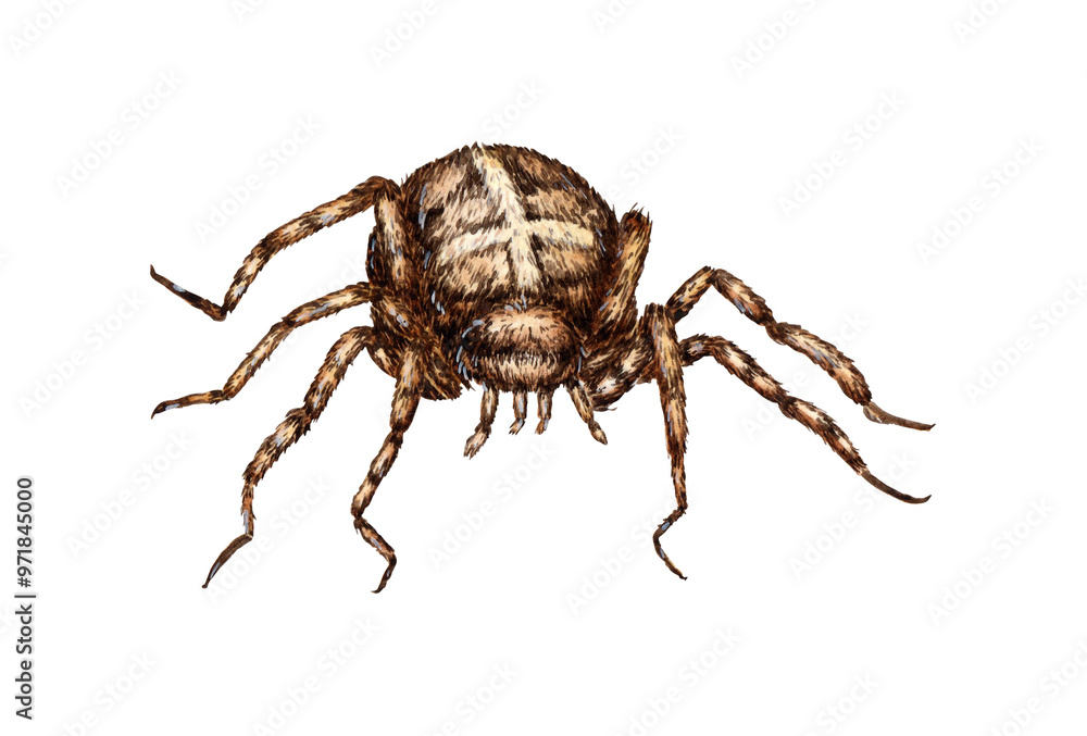 Brown spider with a cross on its back watercolor illustration. Arachnida order arthropods. Scary insect for Halloween. Animal isolated from background. For the design of books, magazines, banners, Brown spider with a cross on its back watercolor illustration. Arachnida order arthropods. Scary insect for Halloween. Animal isolated from background. For the design of books, magazines, banners,