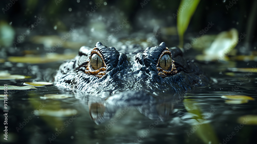 Naklejka premium Crocodile emerges from swamp with focused intensity
