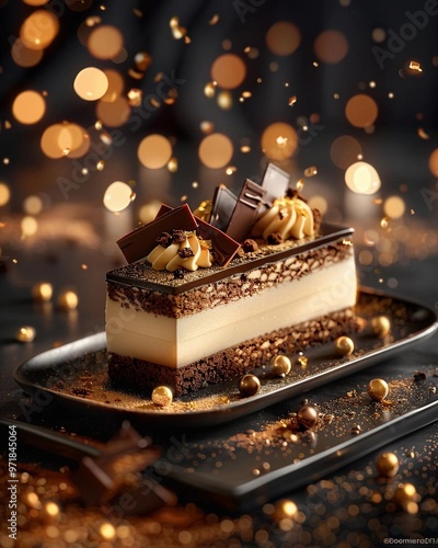 A commercial magazinestyle photo of an opulent opera cake on a sleek photo