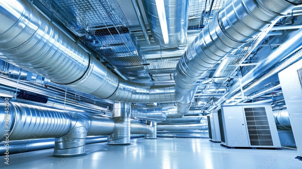 Industrial Ventilation System with Metal Ducts and HVAC Units Industrial Ventilation System with Metal Ducts and HVAC Units